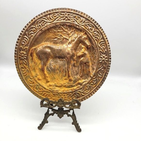 VTG Horses Brass Wall Plaque Hangs Embossed Country Cabin Decor Equestrian Home - Picture 2 of 7